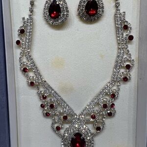 Elegant Necklace & Earring Set-Red Gemstones w/Cubic Zirconia Accents